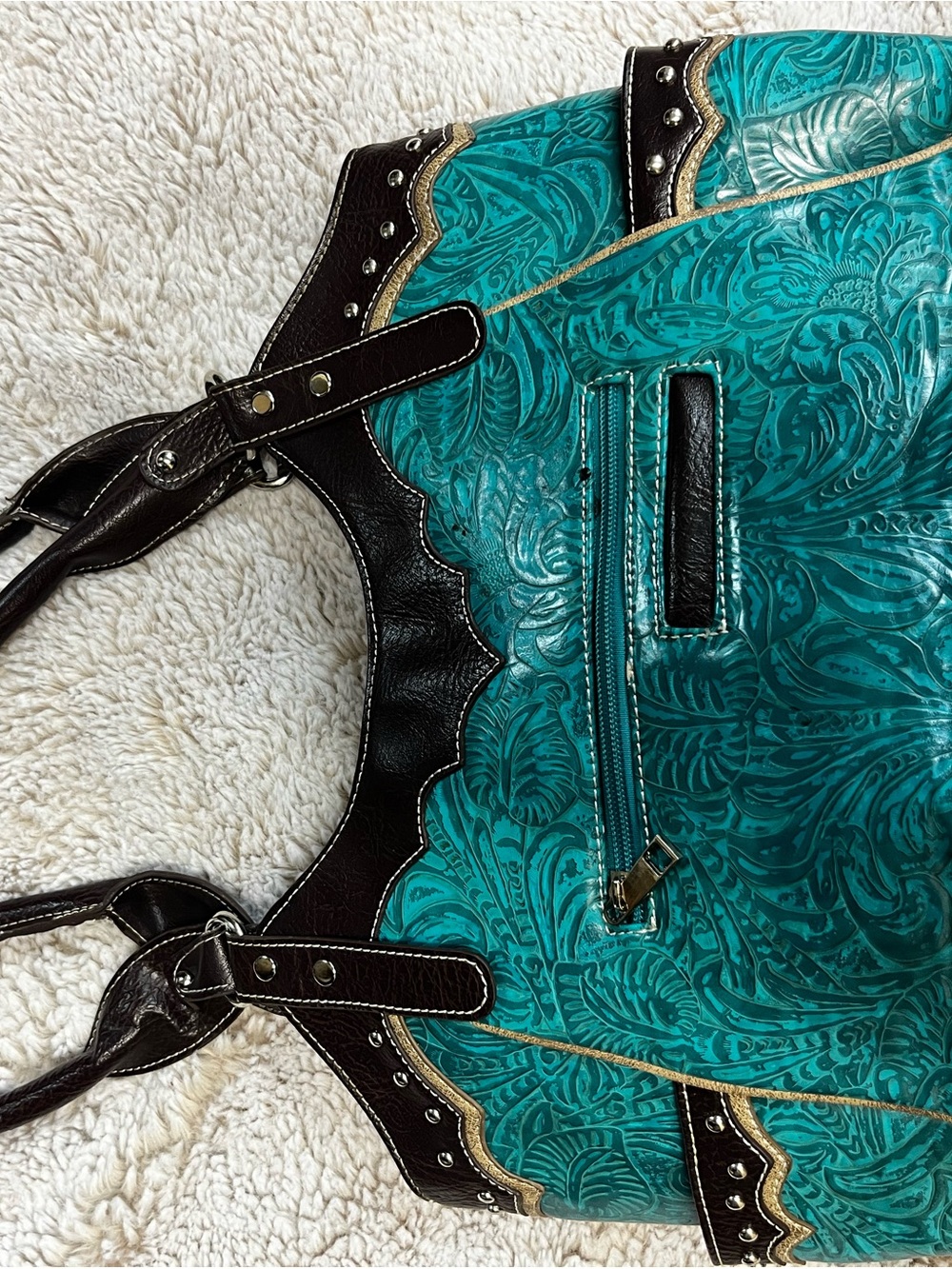Montana West Turquoise Black Tooled Leather Rhinestone Cross Purse - Picture 3 of 5